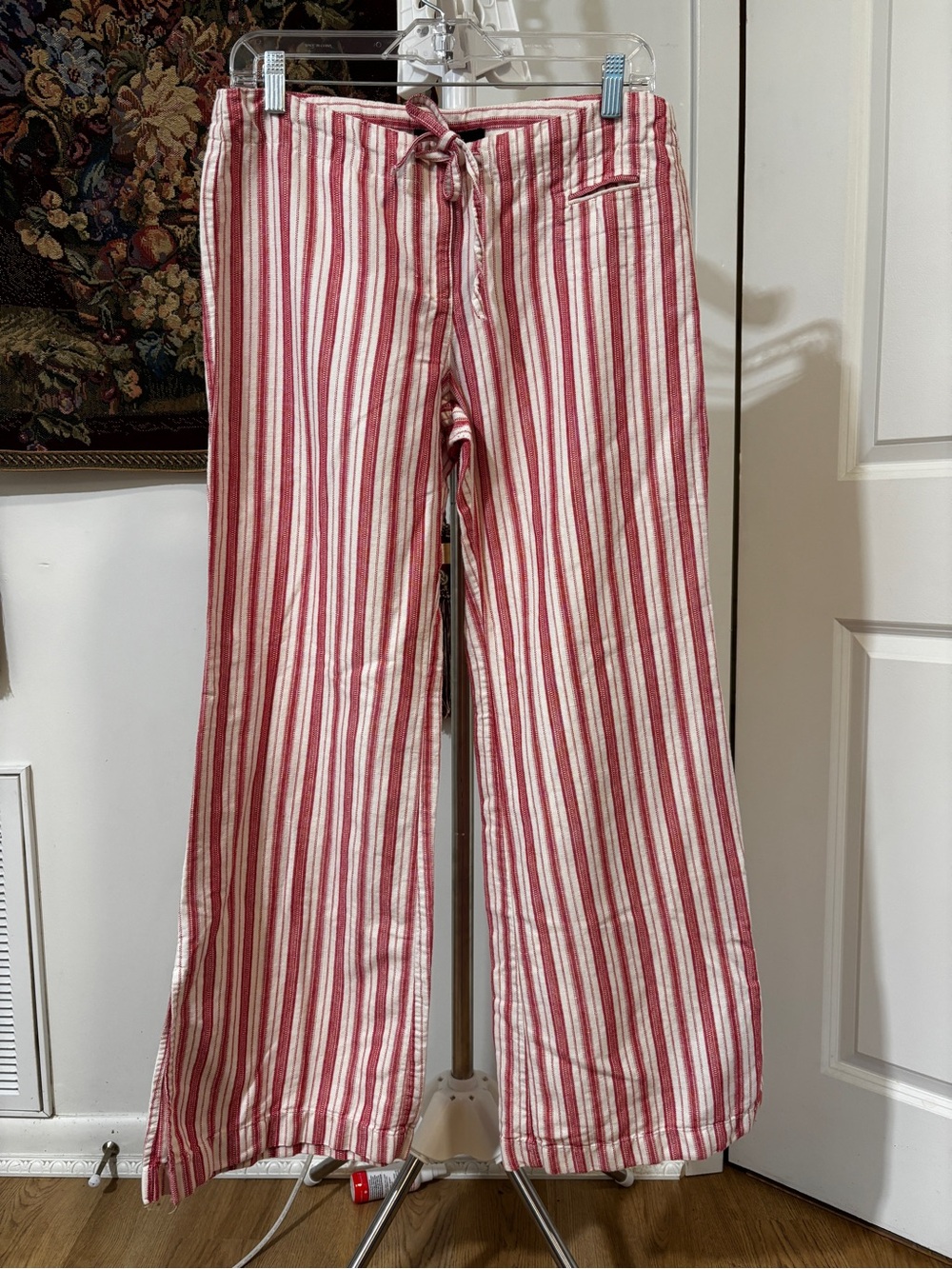 Express Linen Cotton Red White Striped Wide Leg Pants 9/10 Drawstring